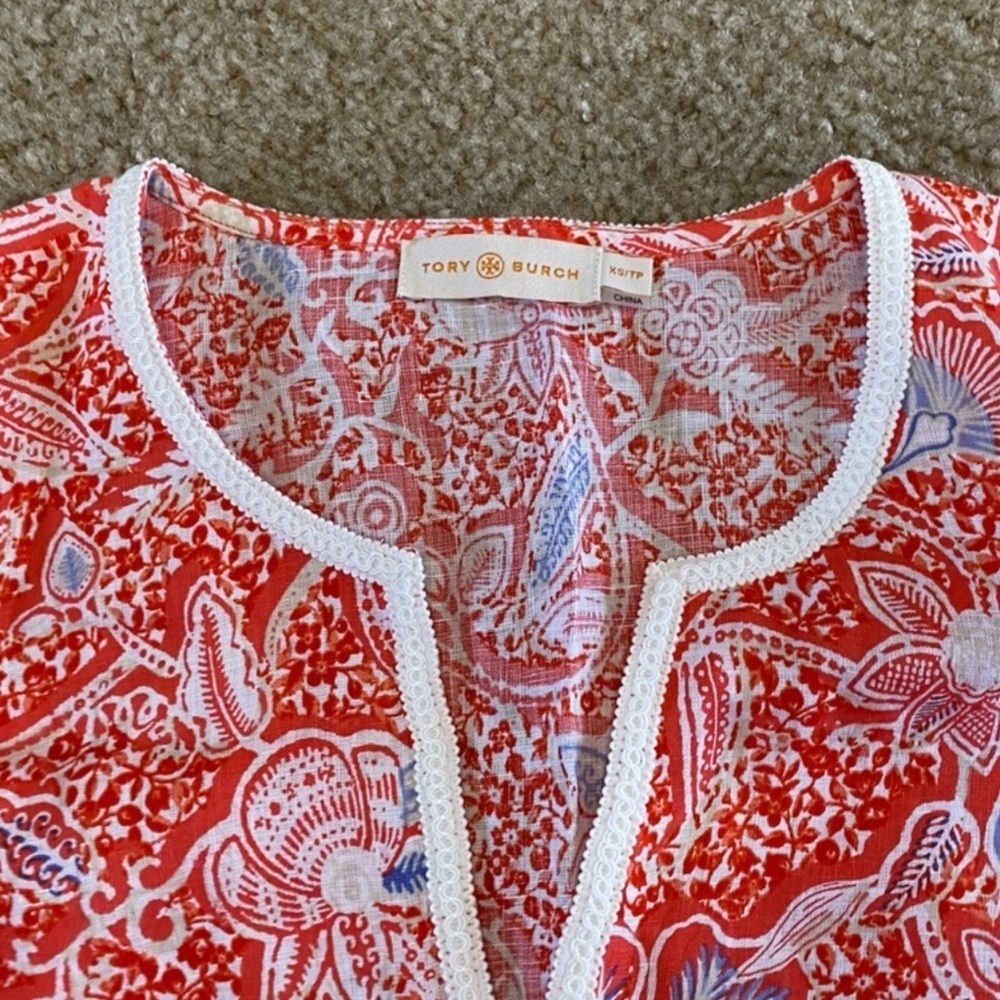 Tory Burch Red Floral Linen Dress Size XS - Picture 2 of 5